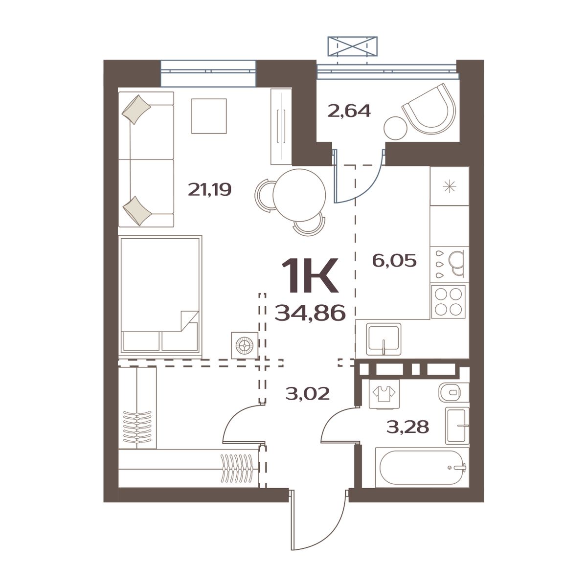 ЖК Меридианы Улисса, 1-комн кв 34,86 м2, за 5 121 000 ₽, 1 этаж